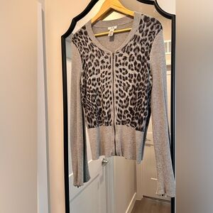 Cache Gray Leopard Print Zip-Up Cardigan